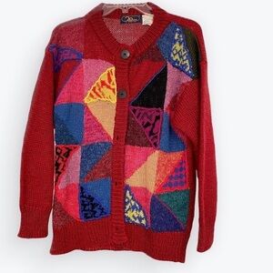Vintage cranberry Colorblock patchwork button up cardigan chunky textured Medium